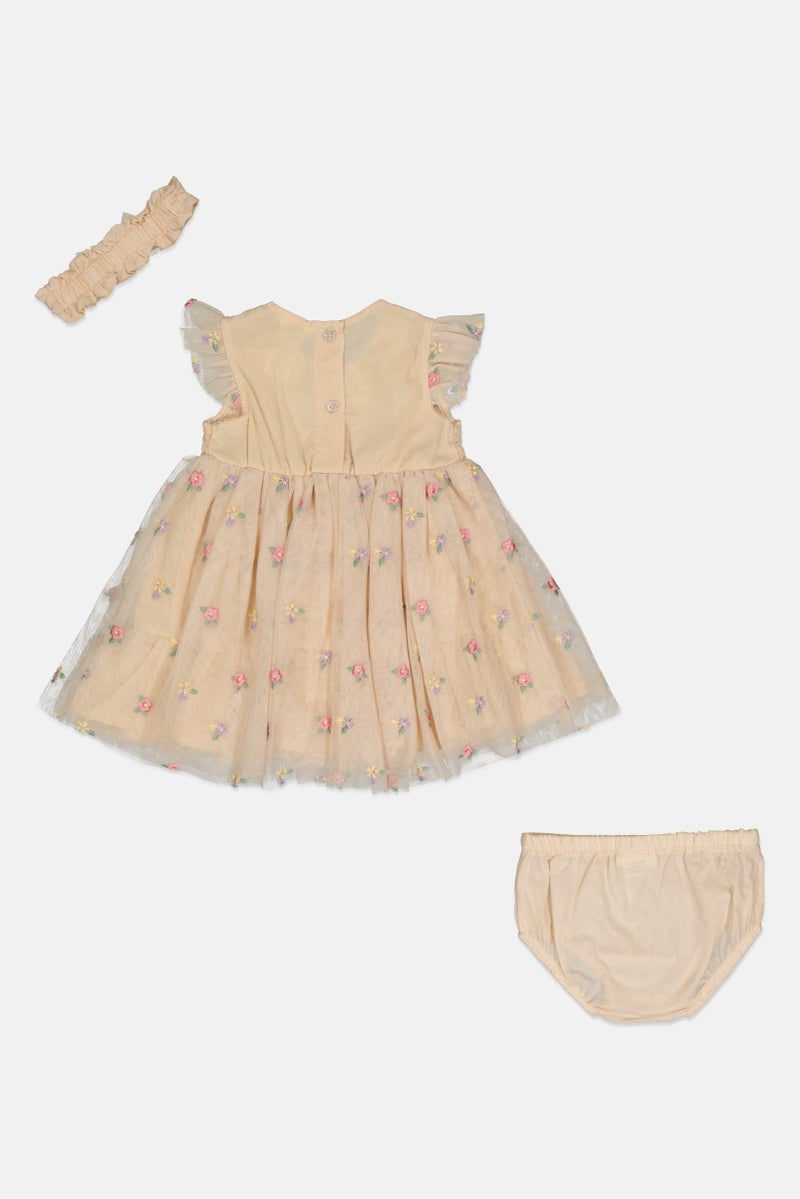 Daisy Fuentes Toddlers Girl 3 Pcs Embroidered Dress, Panty And Headband Set, Beige - Image 2
